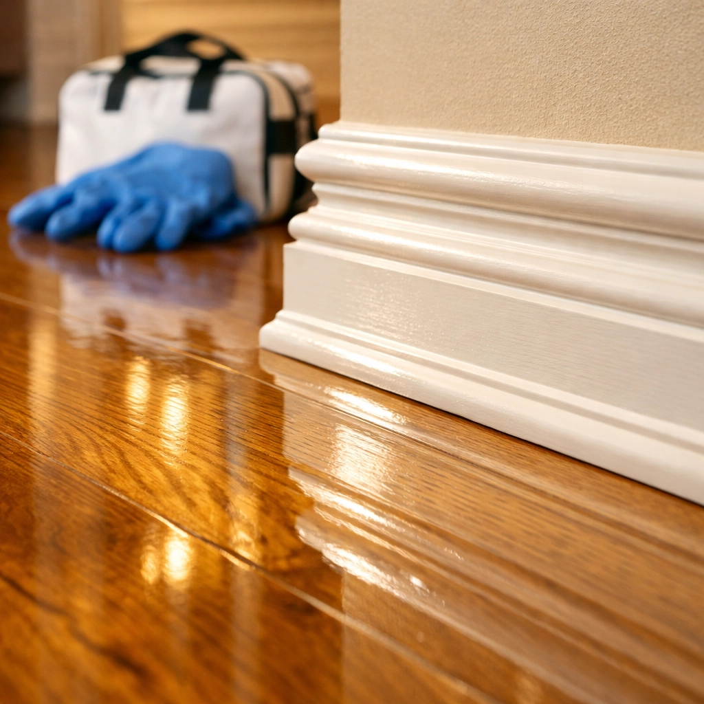 High-gloss polished hardwood floors in a luxury foyer, showcasing expert Marblehead estate upkeep.