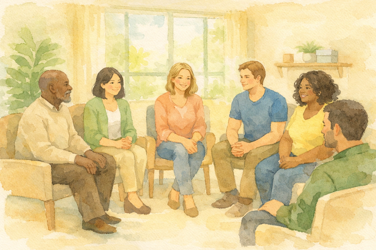 Diverse group in welcoming counseling room discussing sliding scale therapy options