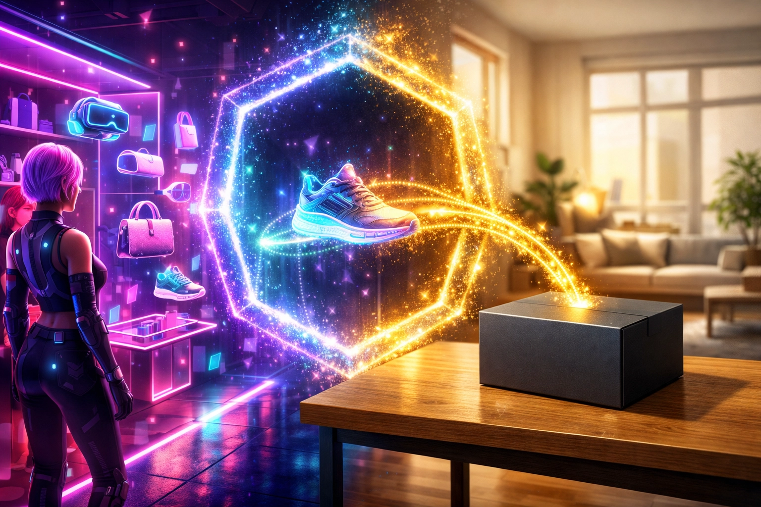 Virtual reality store portal bridging metaverse digital purchases with physical logistics and delivery.