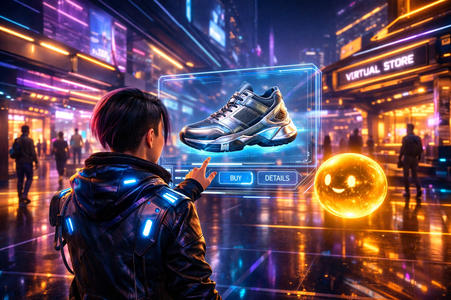 Digital avatar using an AI assistant to browse products in a futuristic metaverse shopping mall.