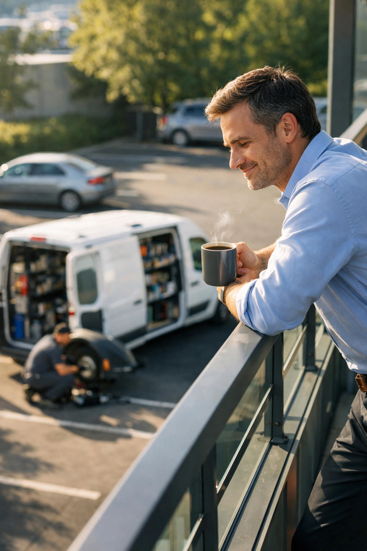 Employee watching a mobile mechanic perform onsite car maintenance from an office balcony during the workday.