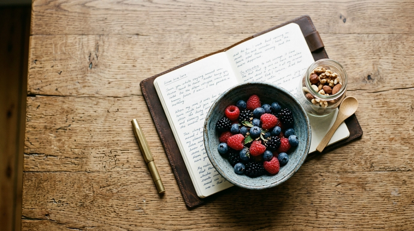 A rustic table with berries and a journal