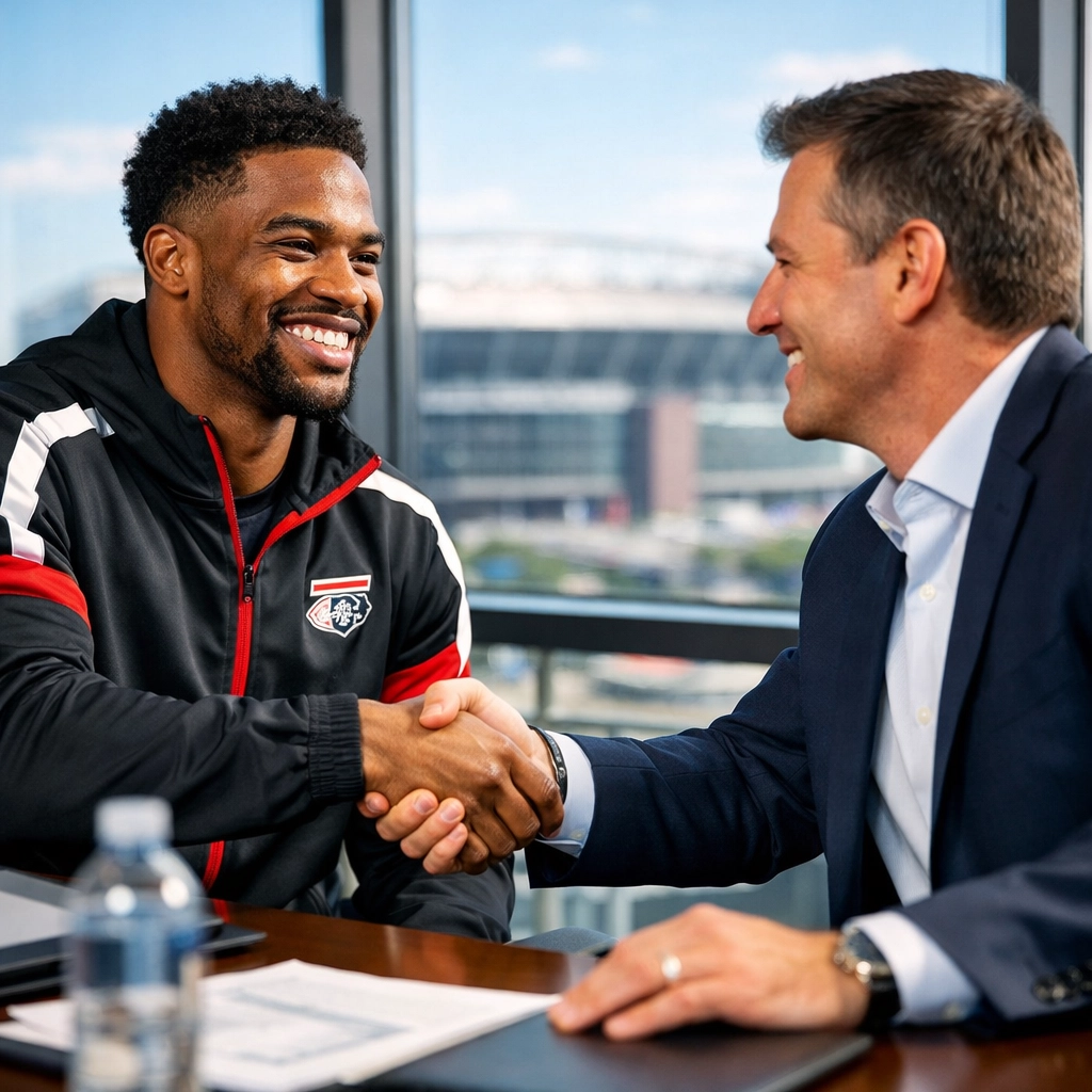 Professional athlete and brand executive shaking hands to launch an NIL marketing partnership through Sports Media Inc.