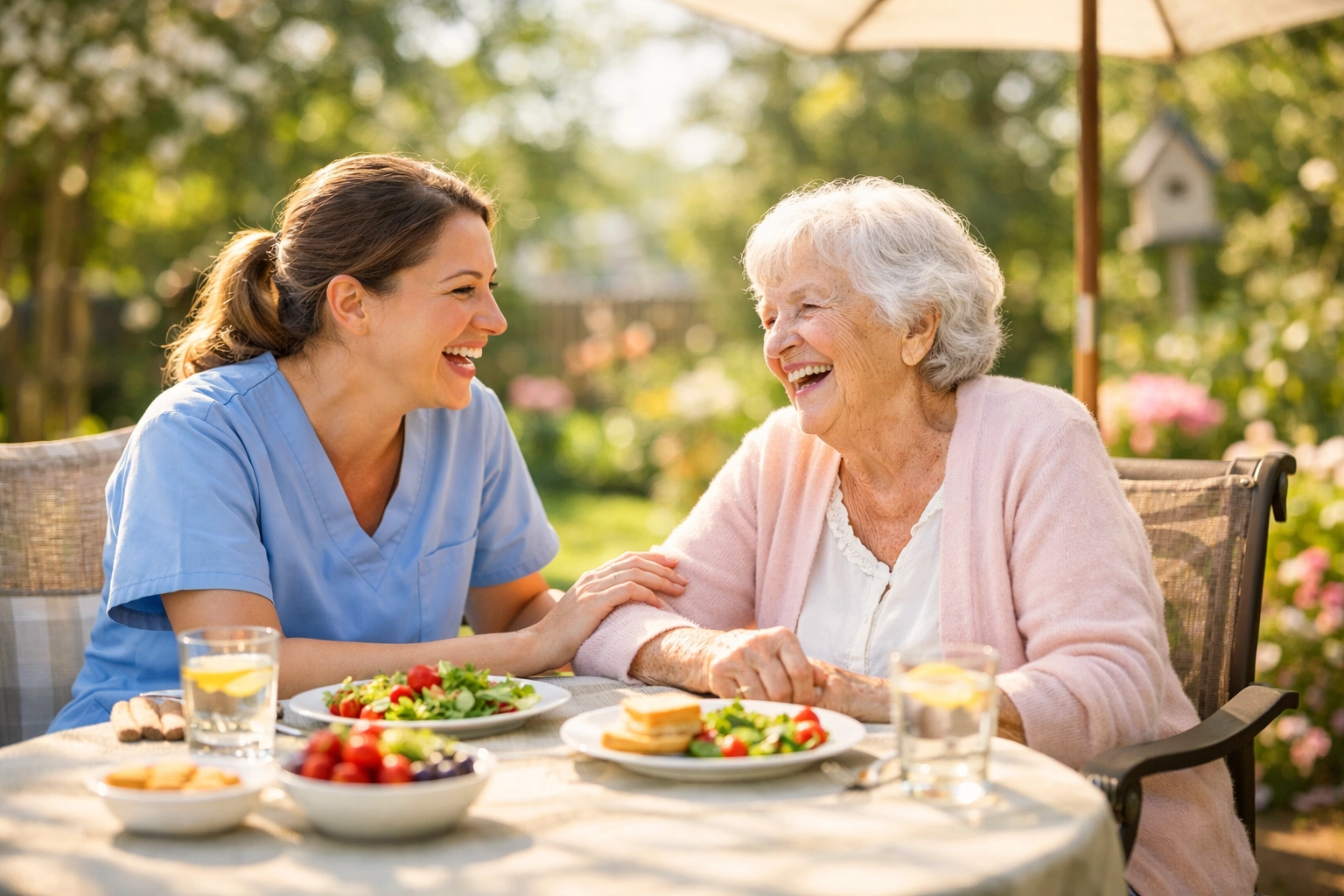 A senior woman and her caregiver enjoy lunch and conversation in a sunny Houston backyard garden.
