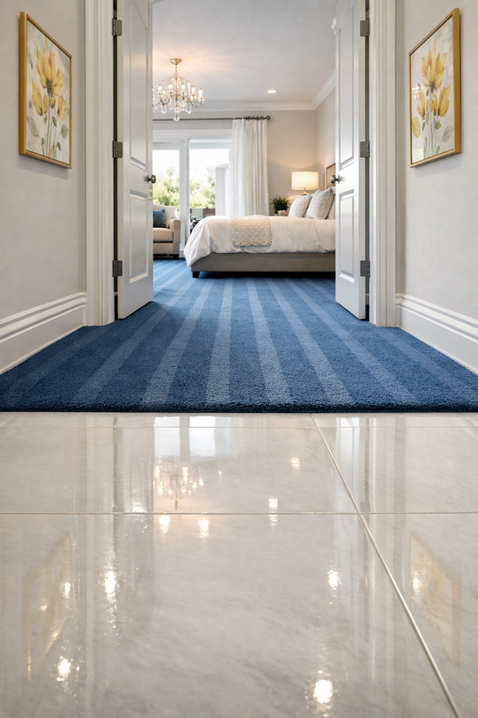 Impeccable tile and carpet flooring in a luxury home serviced by professional cleaners in Hingham.