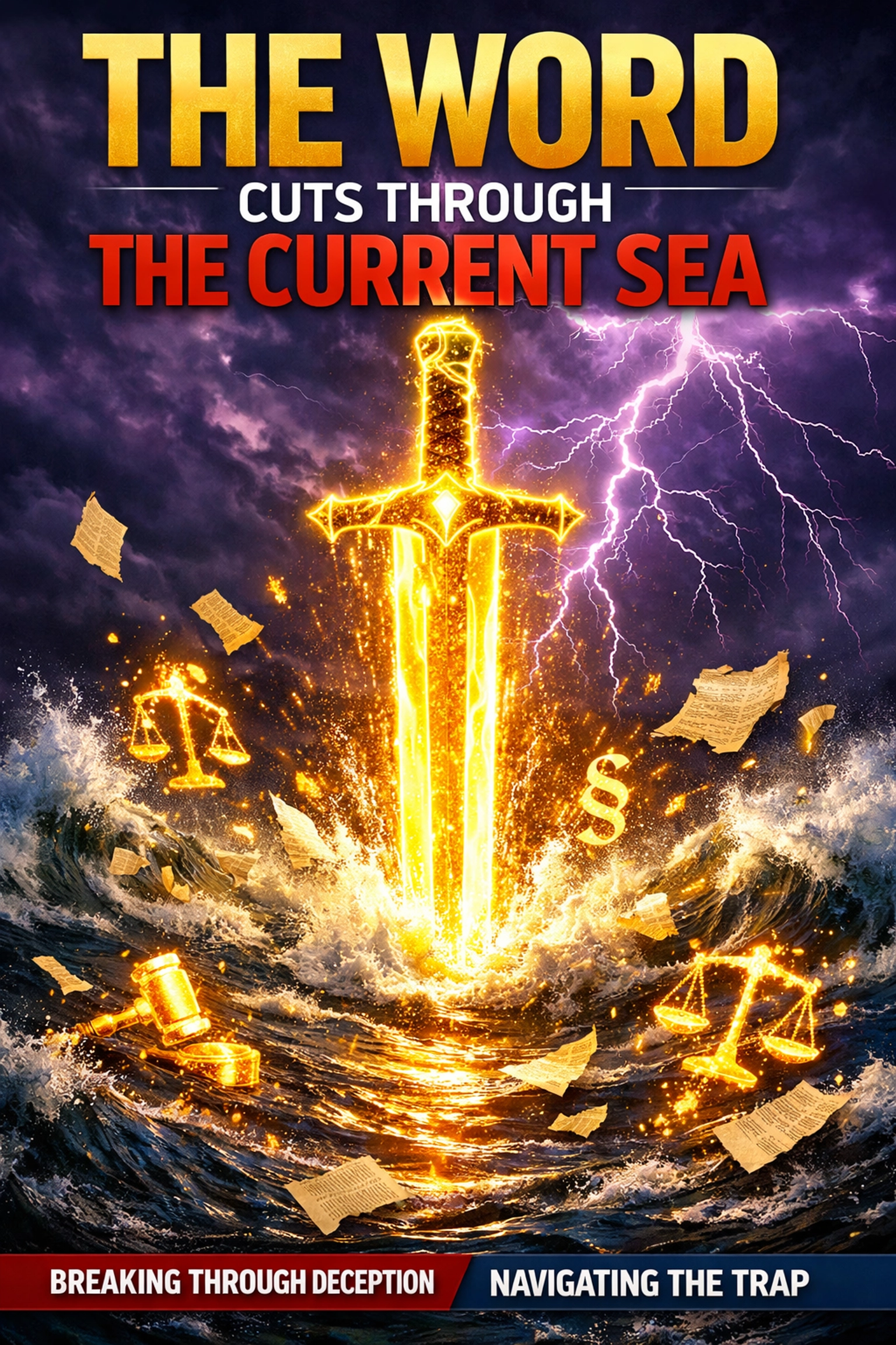 A golden sword of truth slicing through dark water and legal documents to escape the maritime law trap.