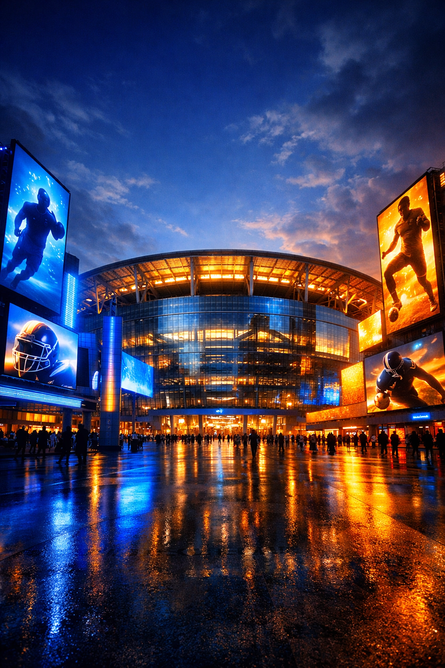 Exterior view of a sports stadium at night surrounded by large-scale digital billboards and advertising.