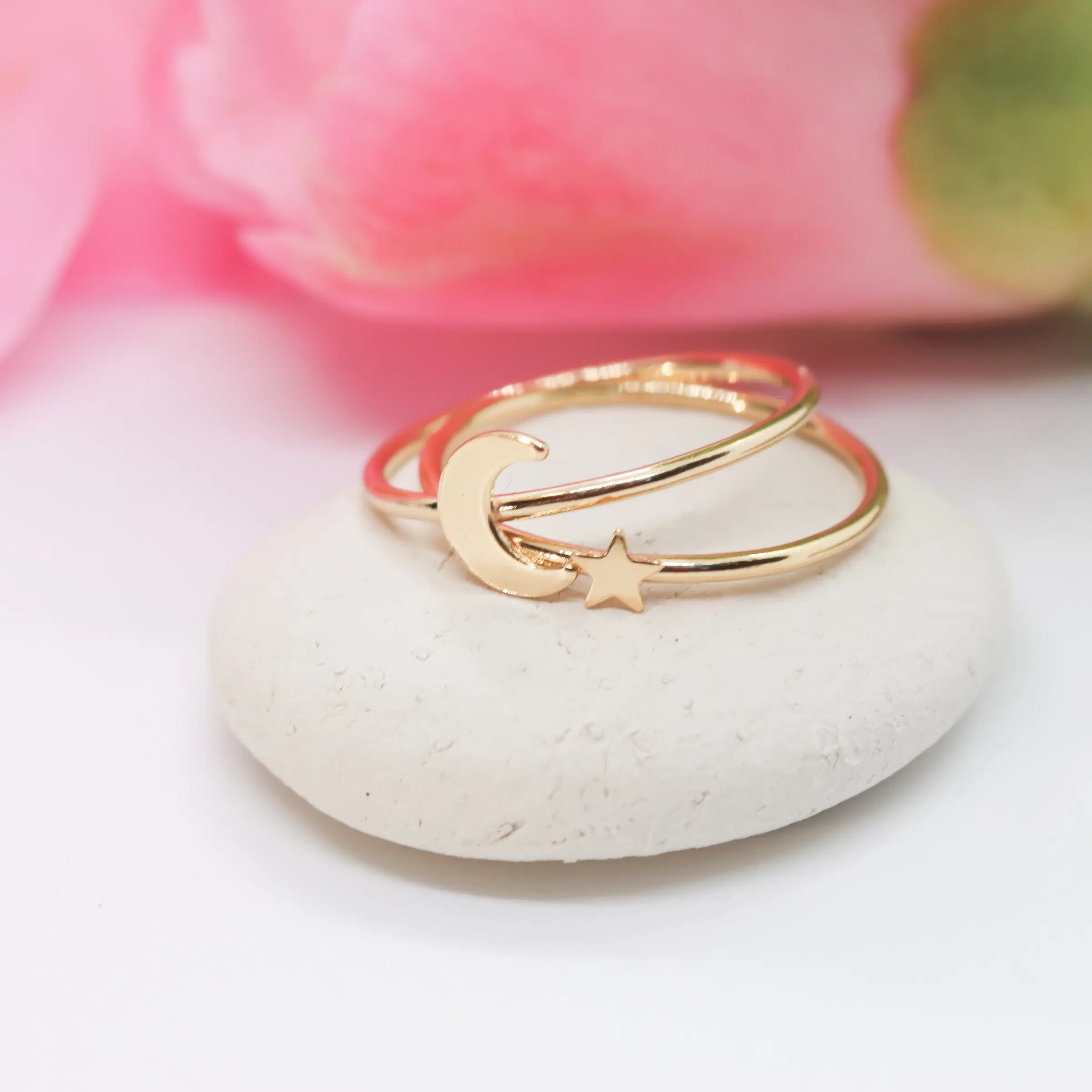 Celestial moon and star ring set in 14K gold filled for an easy, stackable look.