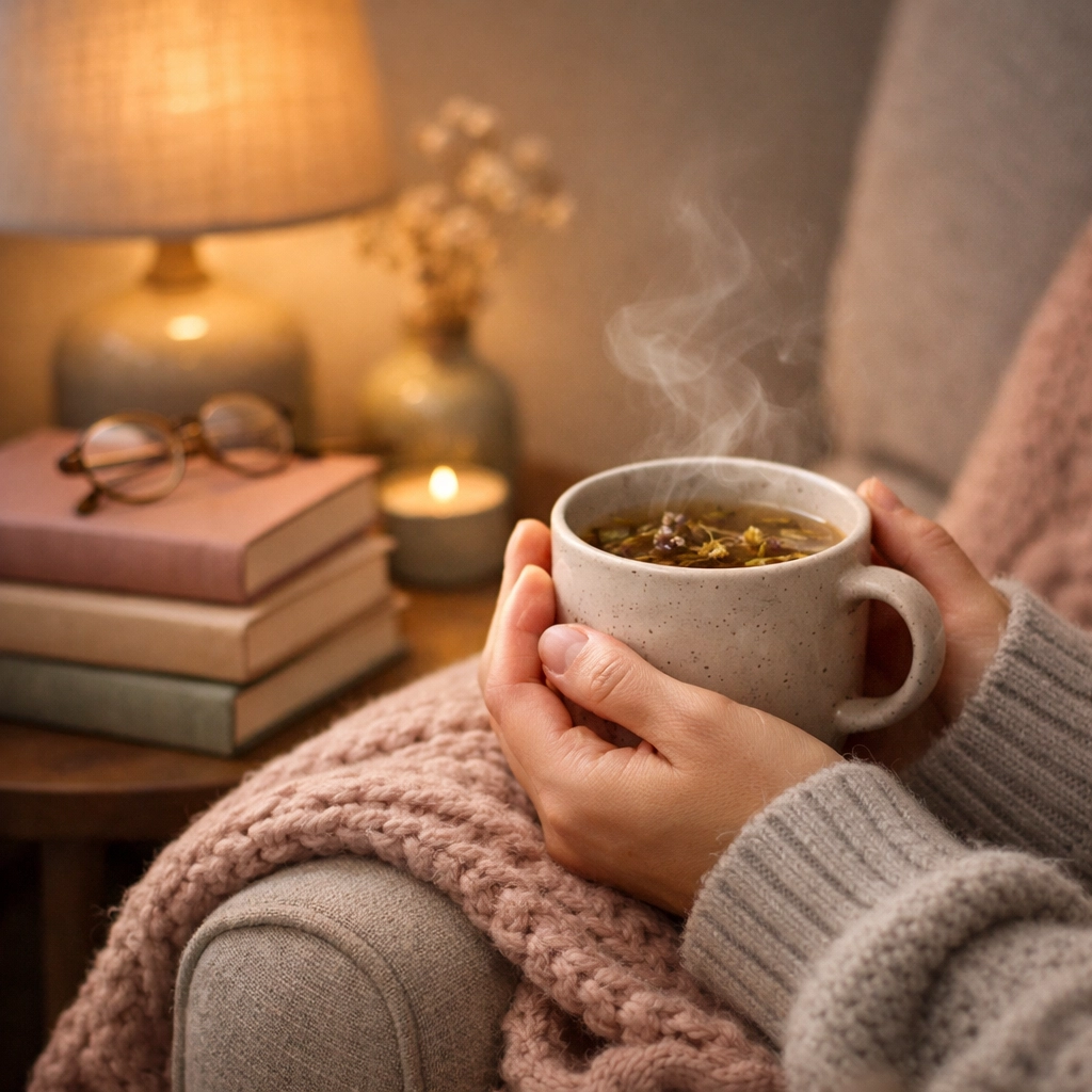 Hands cradling a warm cup of caffeine-free herbal tea in a cozy evening setting