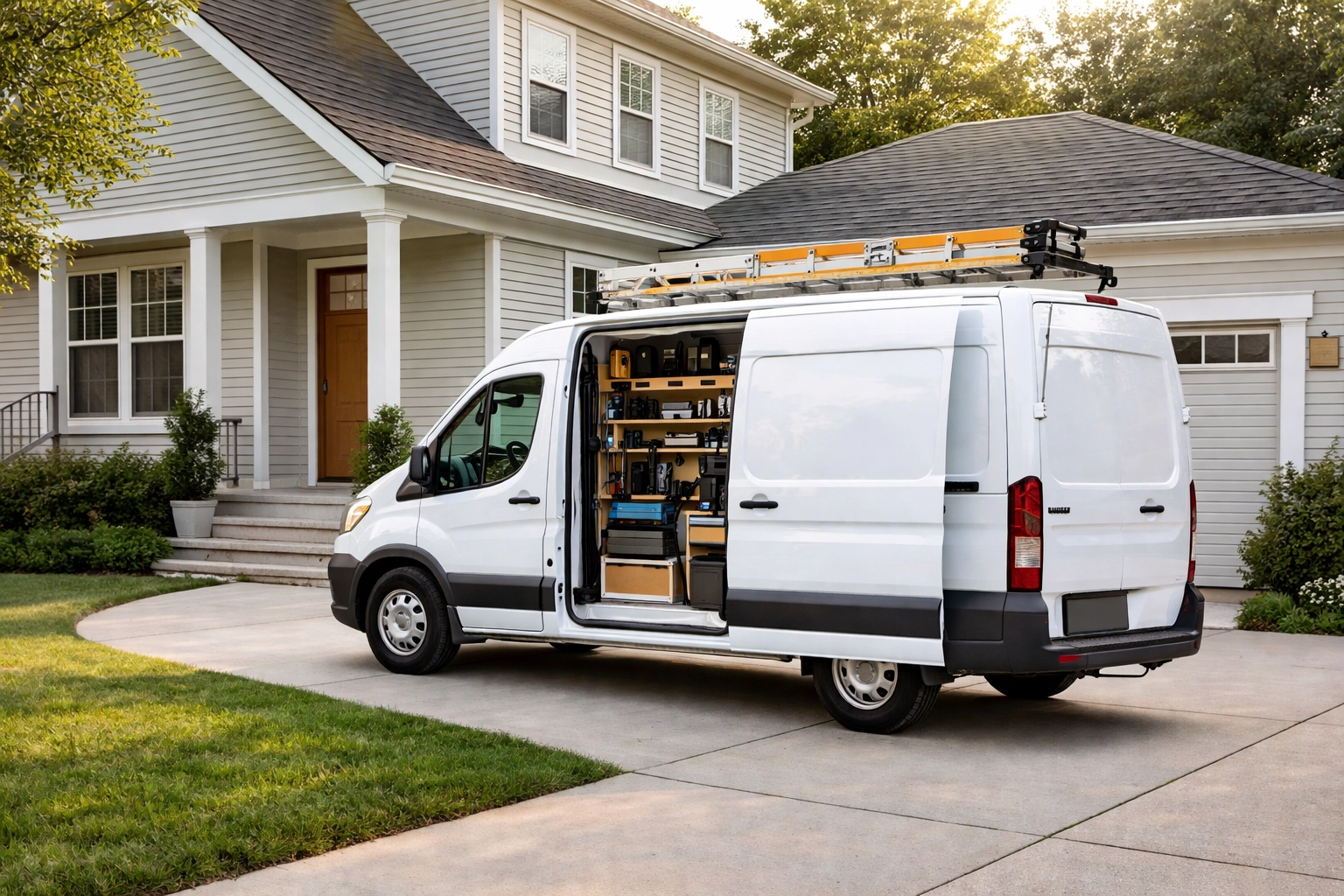 A professional tradesperson's van parked outside a neat home, symbolizing trustworthy local trade services.