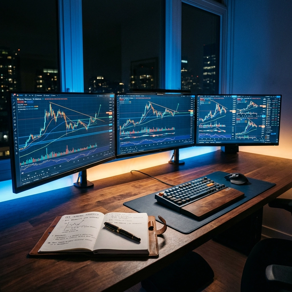 Cryptocurrency trader's desk with multiple monitors and trading strategy notes, highlighting solid trading preparation