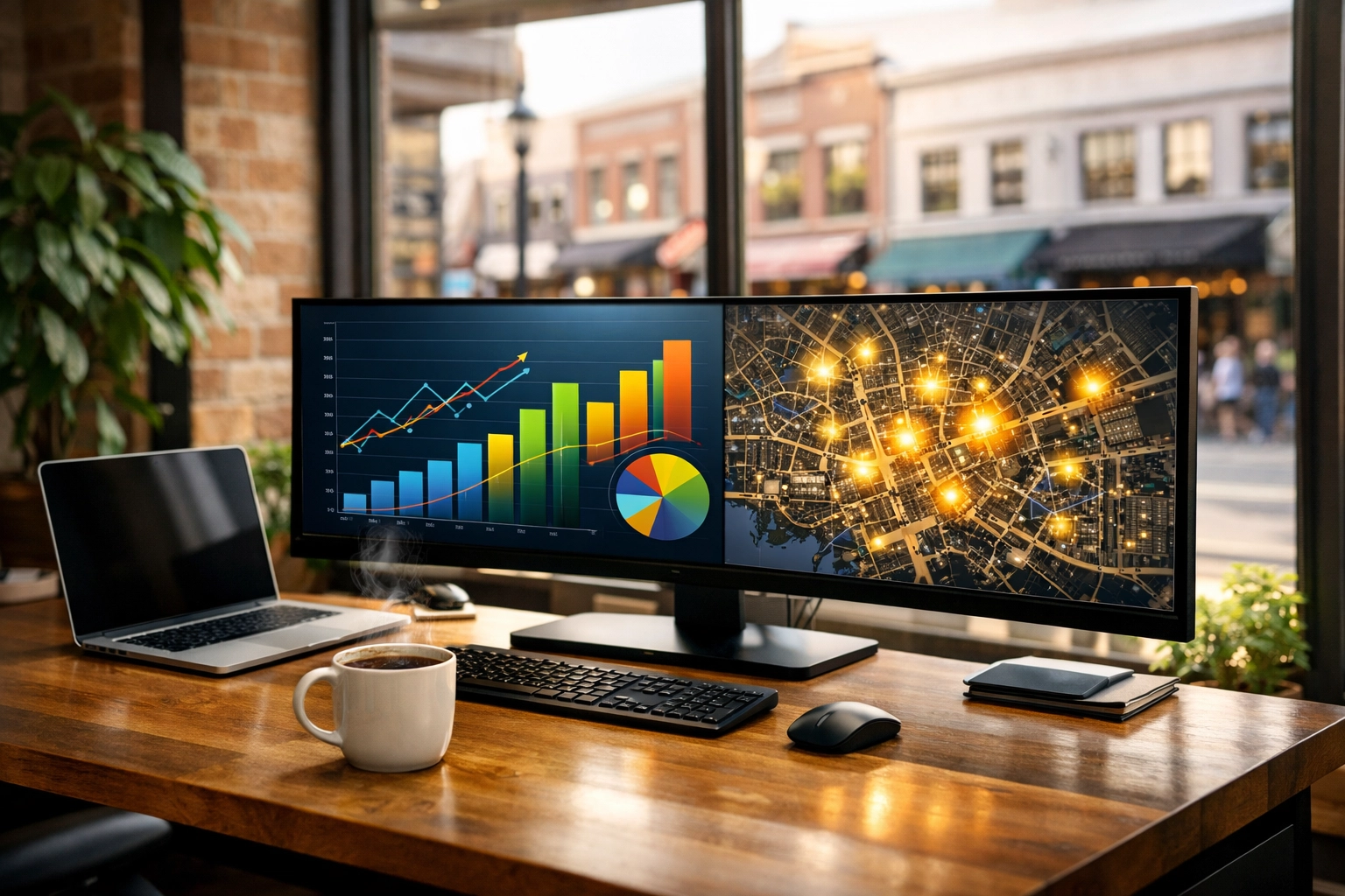 Modern office monitor showing a digital marketing dashboard and local SEO services map for a small business.