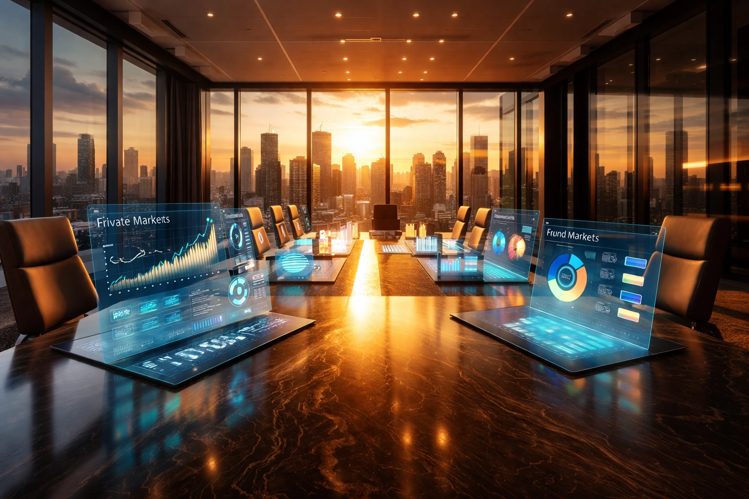Modern institutional boardroom with city skyline and digital private market data visualizations, representing expanded investment access.