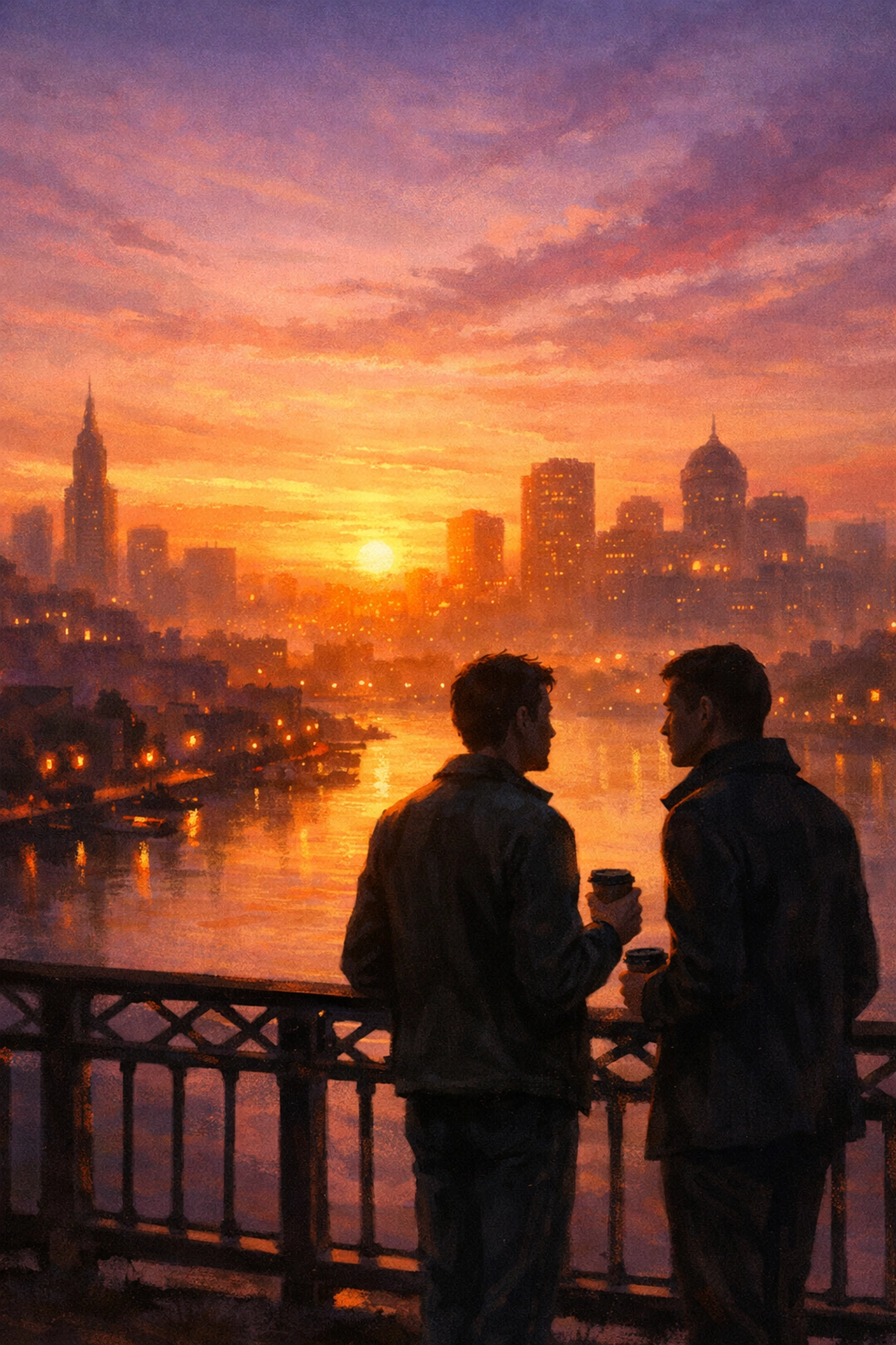 Two men watch sunrise from city bridge - hopeful MM romance gay love story moment