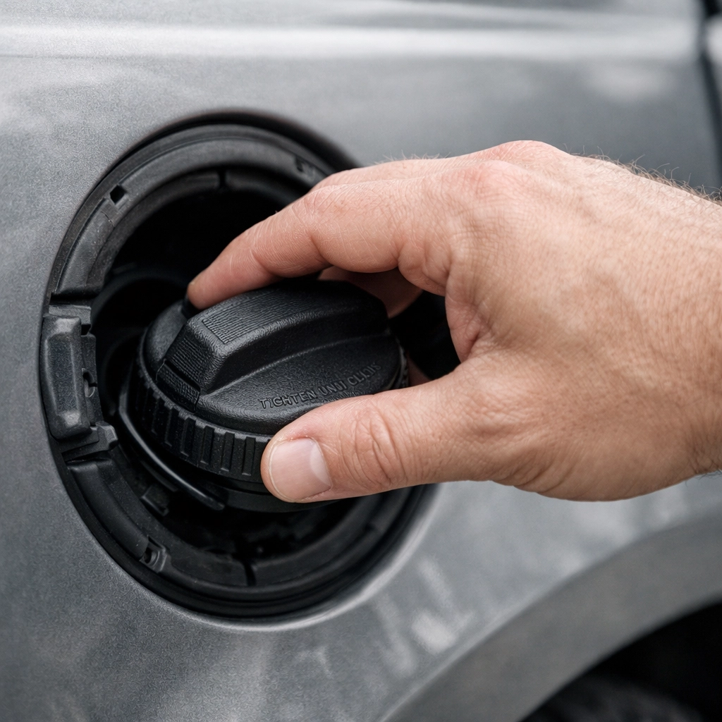 Tightening a car gas cap to resolve a common cause for the check engine light on.