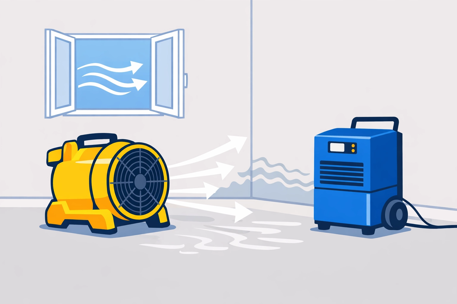 Industrial fan and dehumidifier drying a room after water damage to prevent mold growth