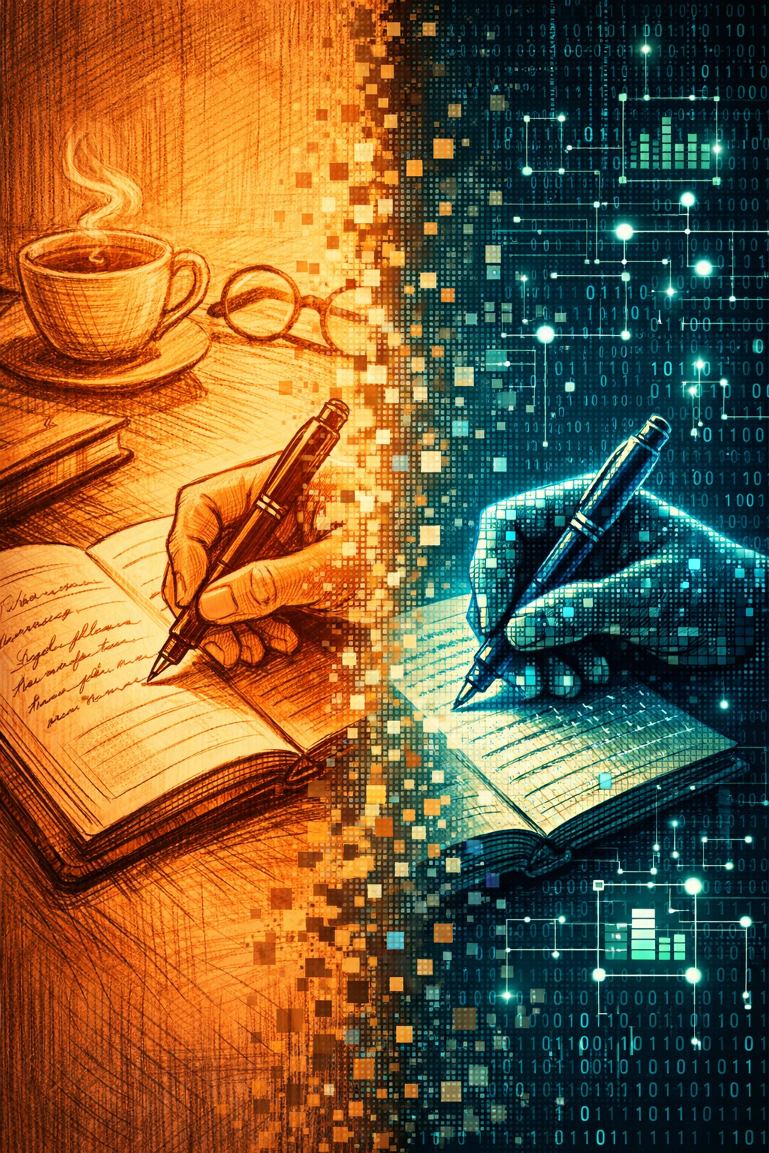 Illustration of human expertise alongside machine-readable code for entity-based SEO strategy.