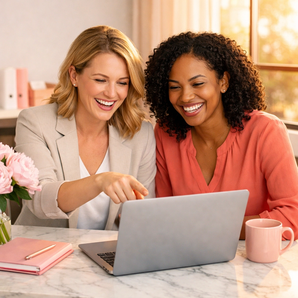 Business partners smiling while working together on lead generation strategies at a modern marble desk.