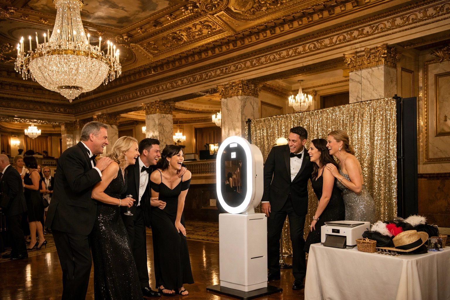 Modern photo booth rental in a historic Philadelphia ballroom with guests in formal attire enjoying the event.