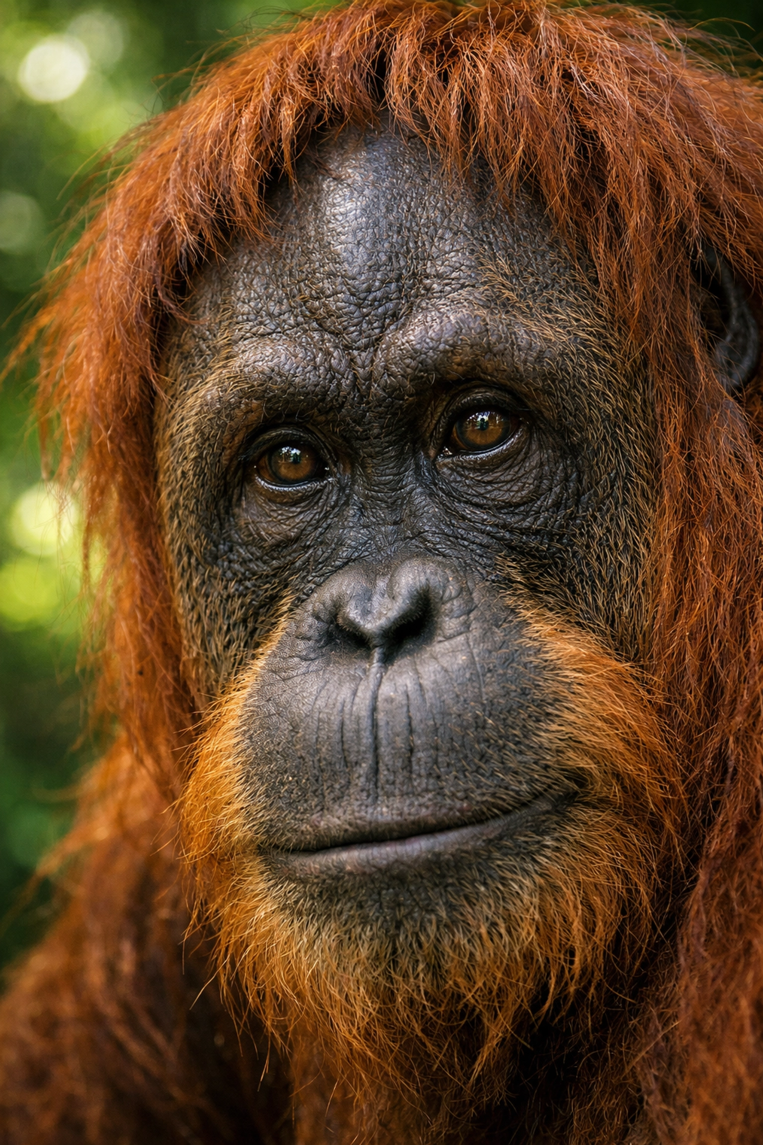 Close-up portrait of a Bornean Orangutan face, illustrating a species spotlight for conservation storytelling.
