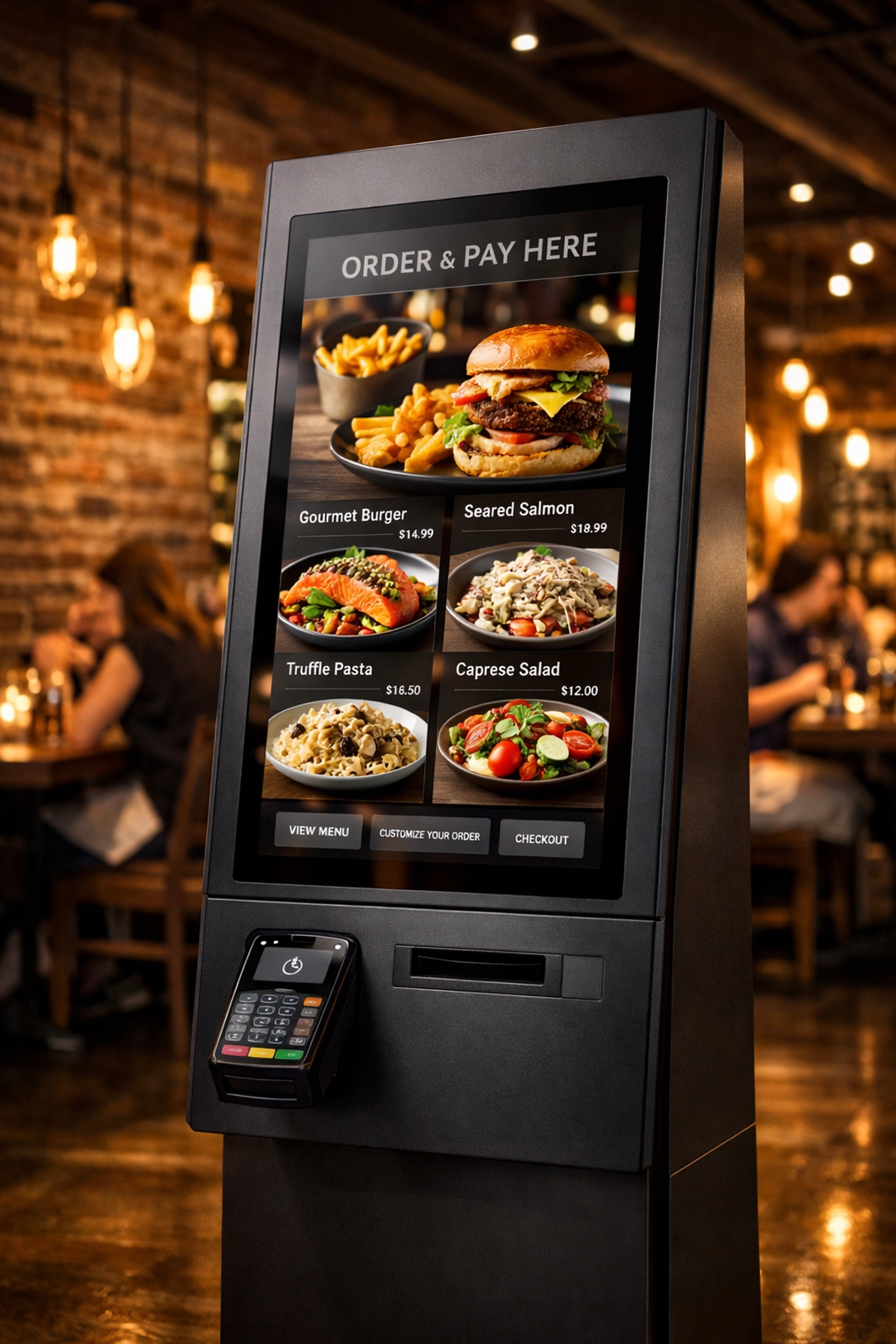 Elegant self-service ordering kiosk in upscale independent restaurant dining room