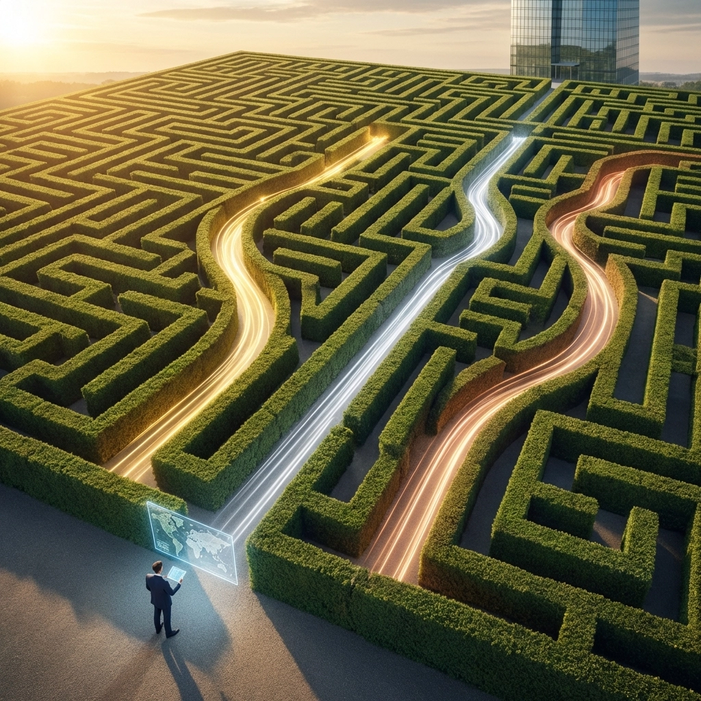 An overhead view of a maze with illuminated pathways highlights strategic navigation in complex portfolio management.