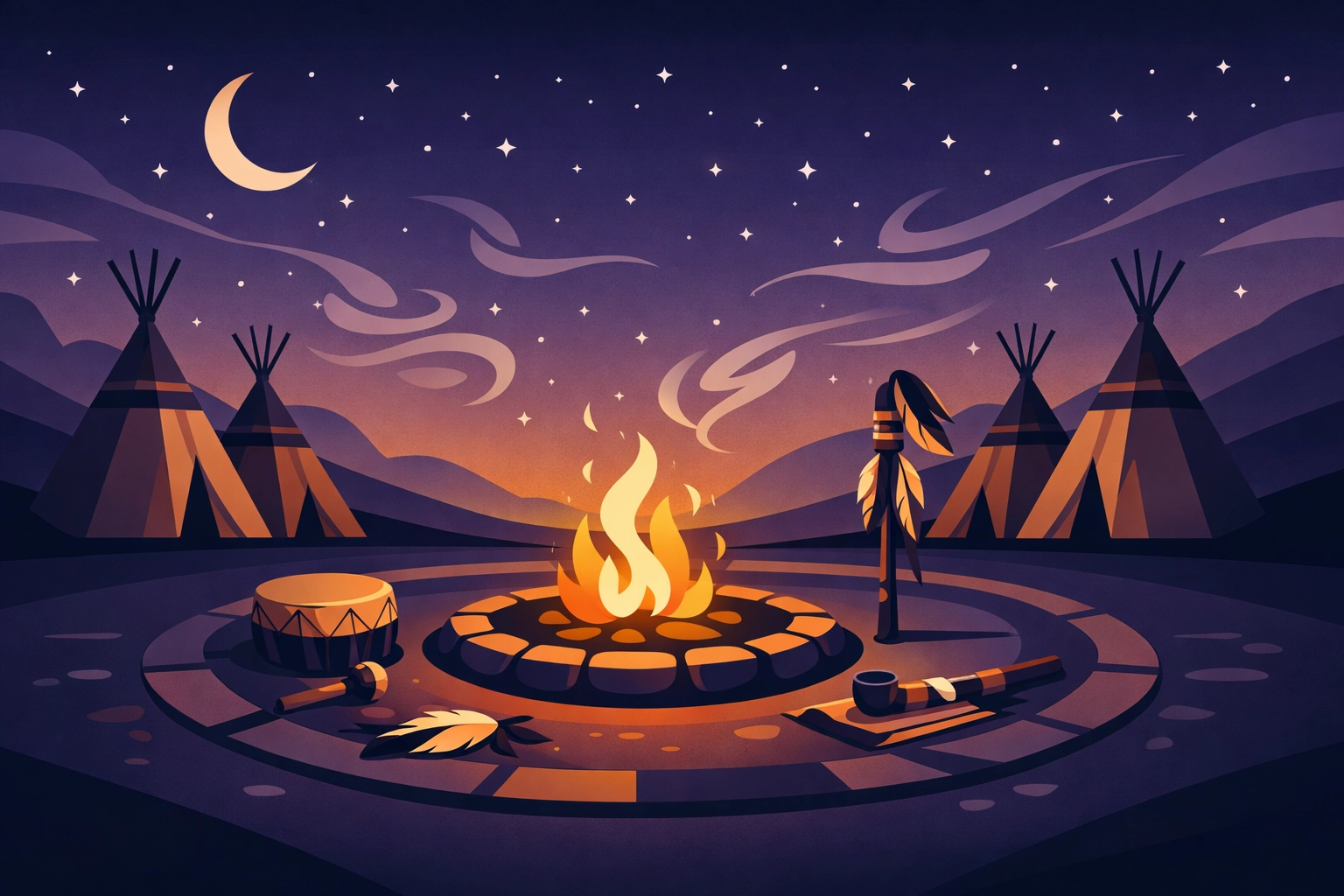 Native American ceremonial scene from Buffalo Kids film with teepees under starlit sky