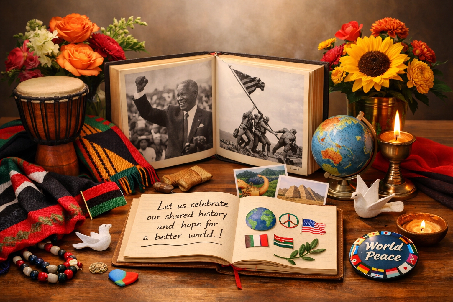 Cultural celebration items representing global Black History Month observances worldwide