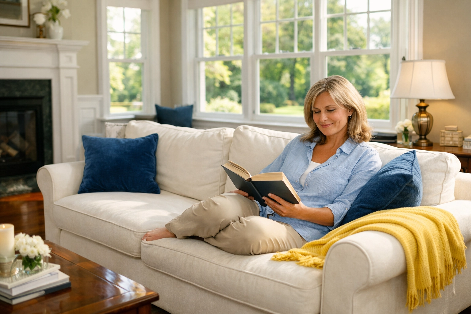 A relaxed homeowner in a spotless Massachusetts living room after professional house cleaning services MA.