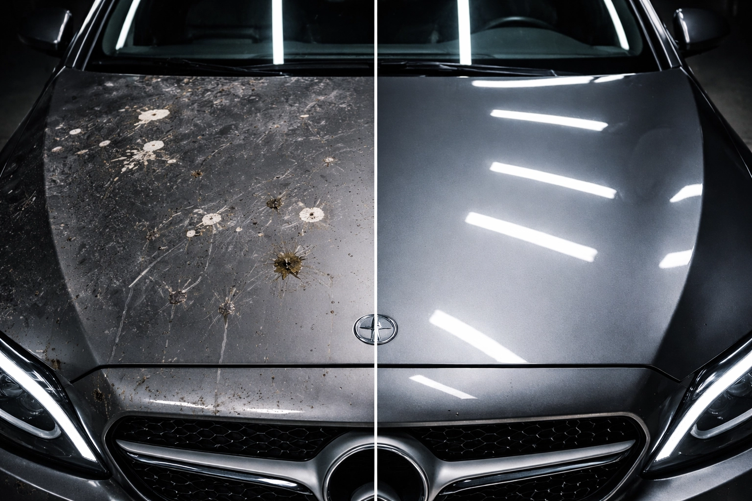 Side-by-side of weathered and ceramic-coated car bonnets, showing the impact of advanced paint protection systems.