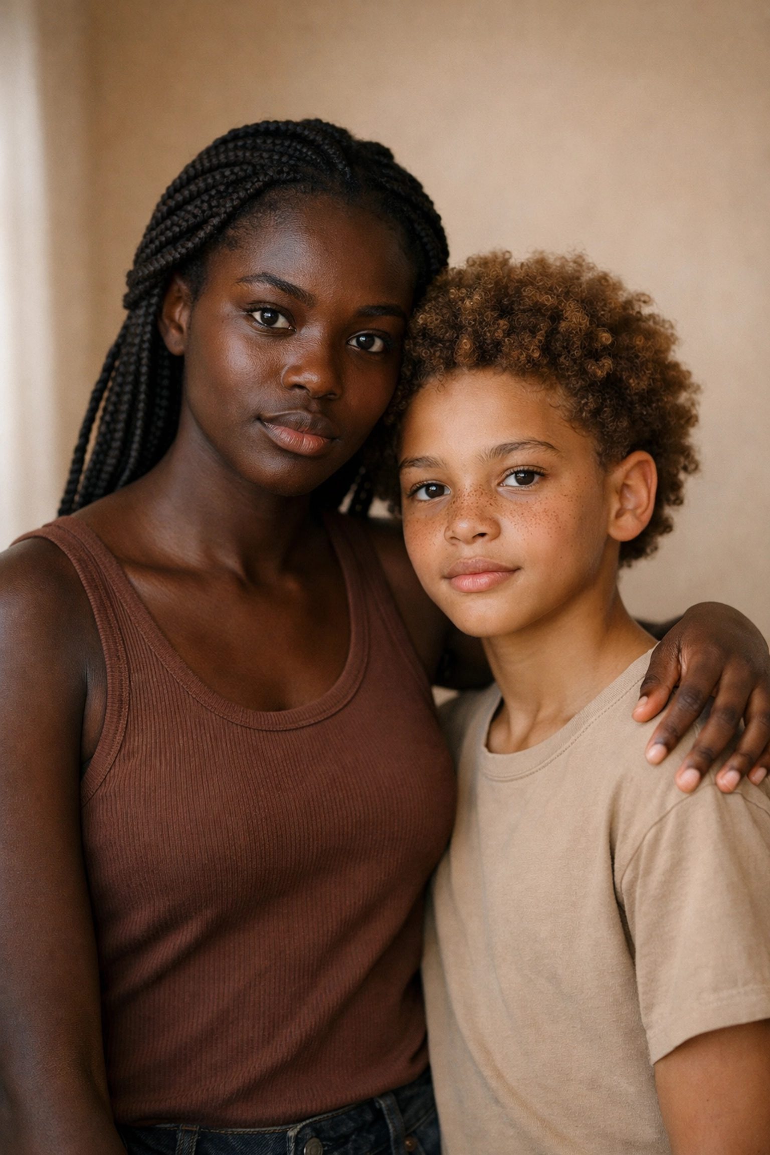 Two Black siblings with different skin tones standing together showing family connection