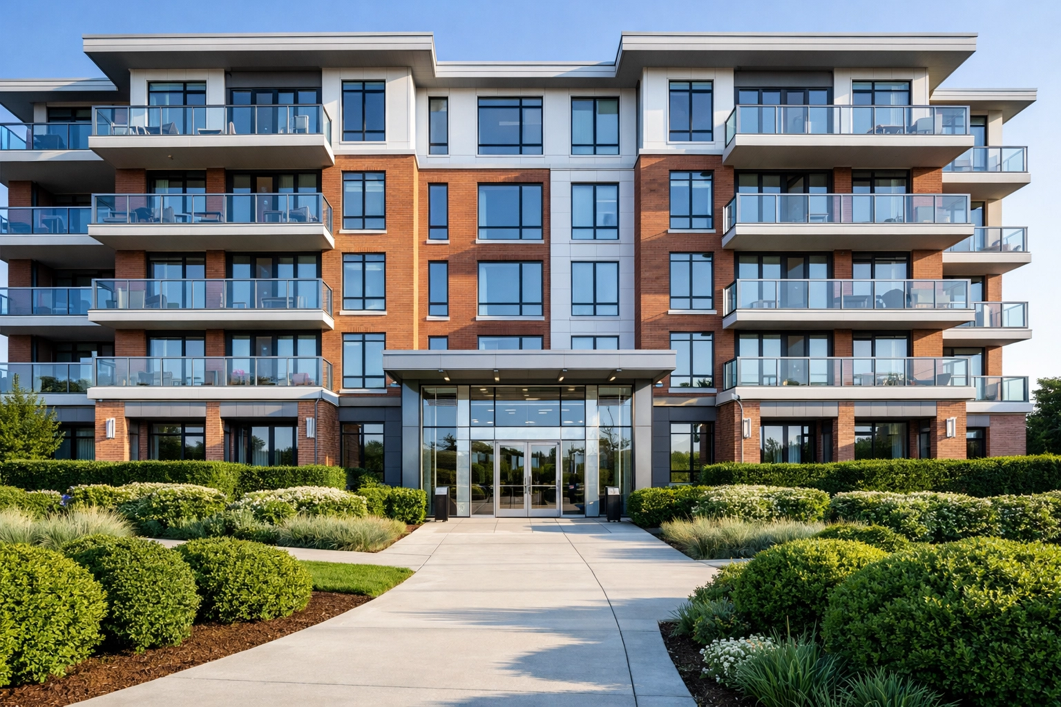 Well-maintained exterior of a modern Saskatoon condominium building showing professional upkeep.