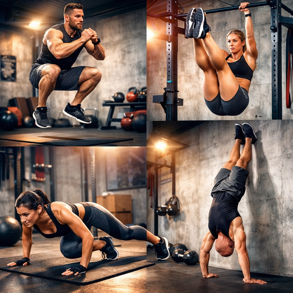 Full body workout at home showing multiple bodyweight exercises including push-ups and squats