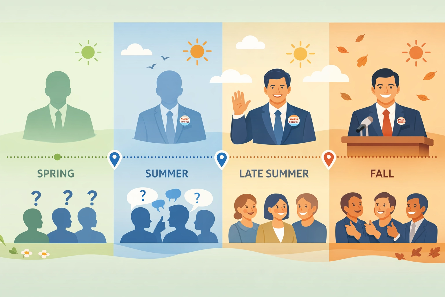 Political campaign timeline showing voter name recognition building from spring through fall
