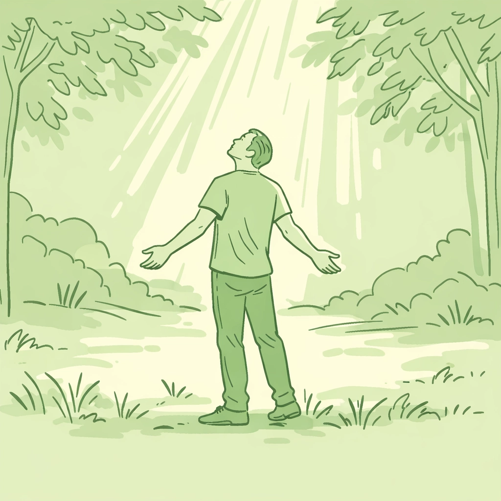 Gay man embracing self-acceptance in forest clearing, illustrating LGBTQ+ journey to self-love