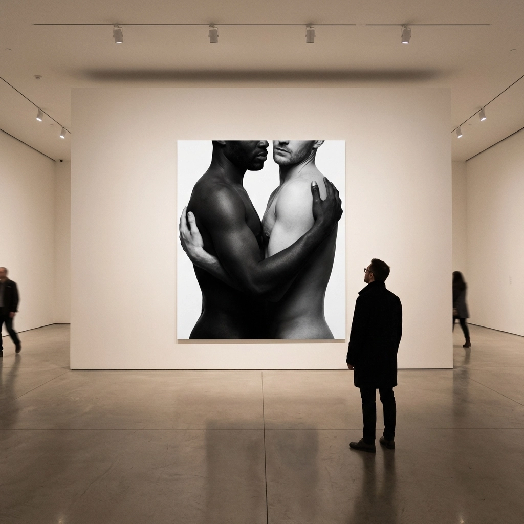 Contemporary gallery display of artistic gay male nude photography, celebrating queer identity and pride.