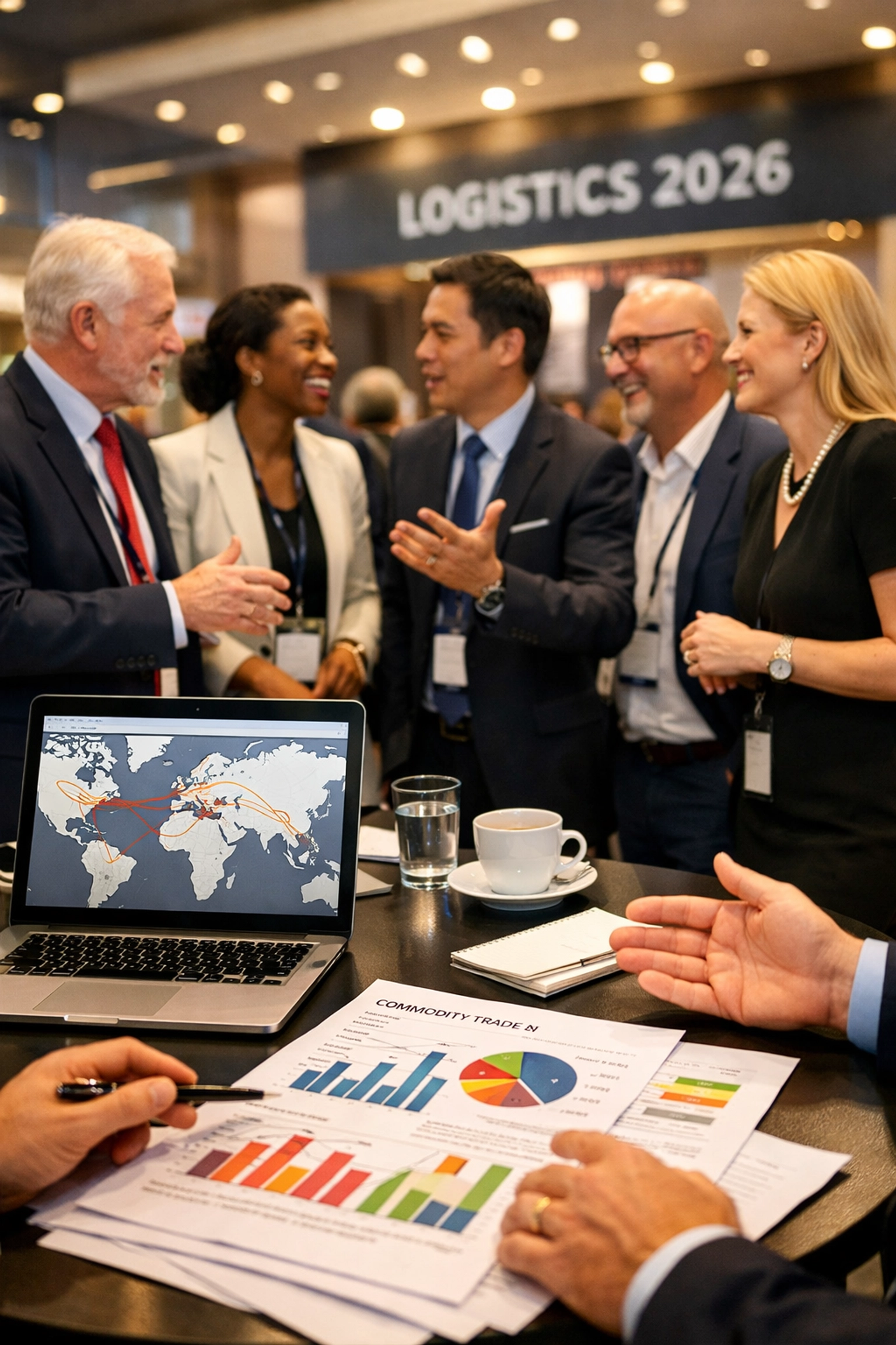 Business executives discussing logistics strategies at international trade conference 2026