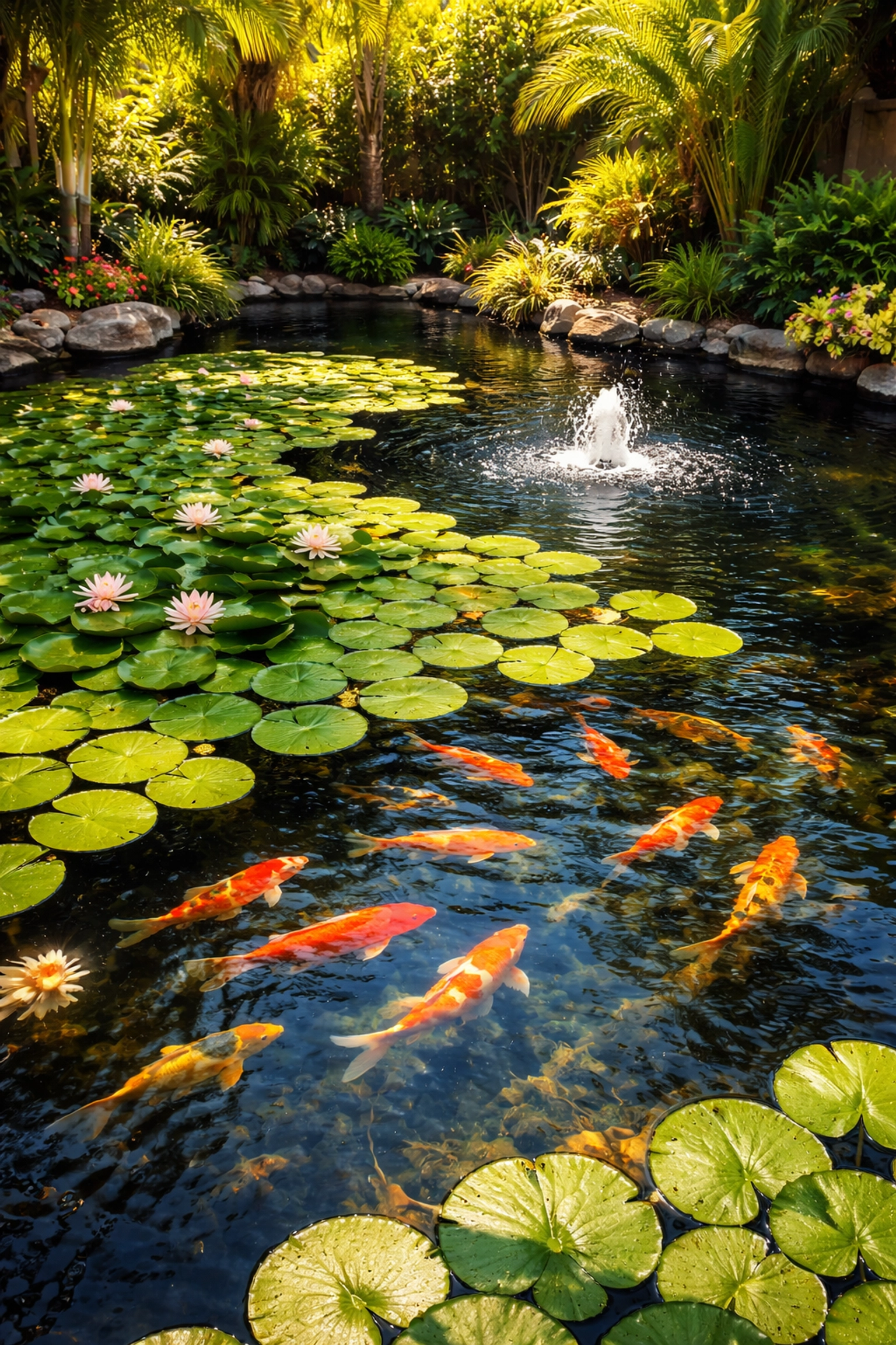 Well-maintained backyard koi pond in Southern California with water lilies and aeration for effective pond maintenance