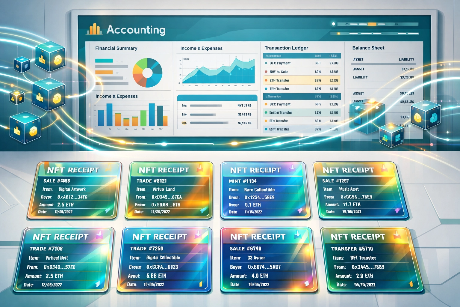 Automated blockchain accounting system with NFT receipts organizing transaction data seamlessly