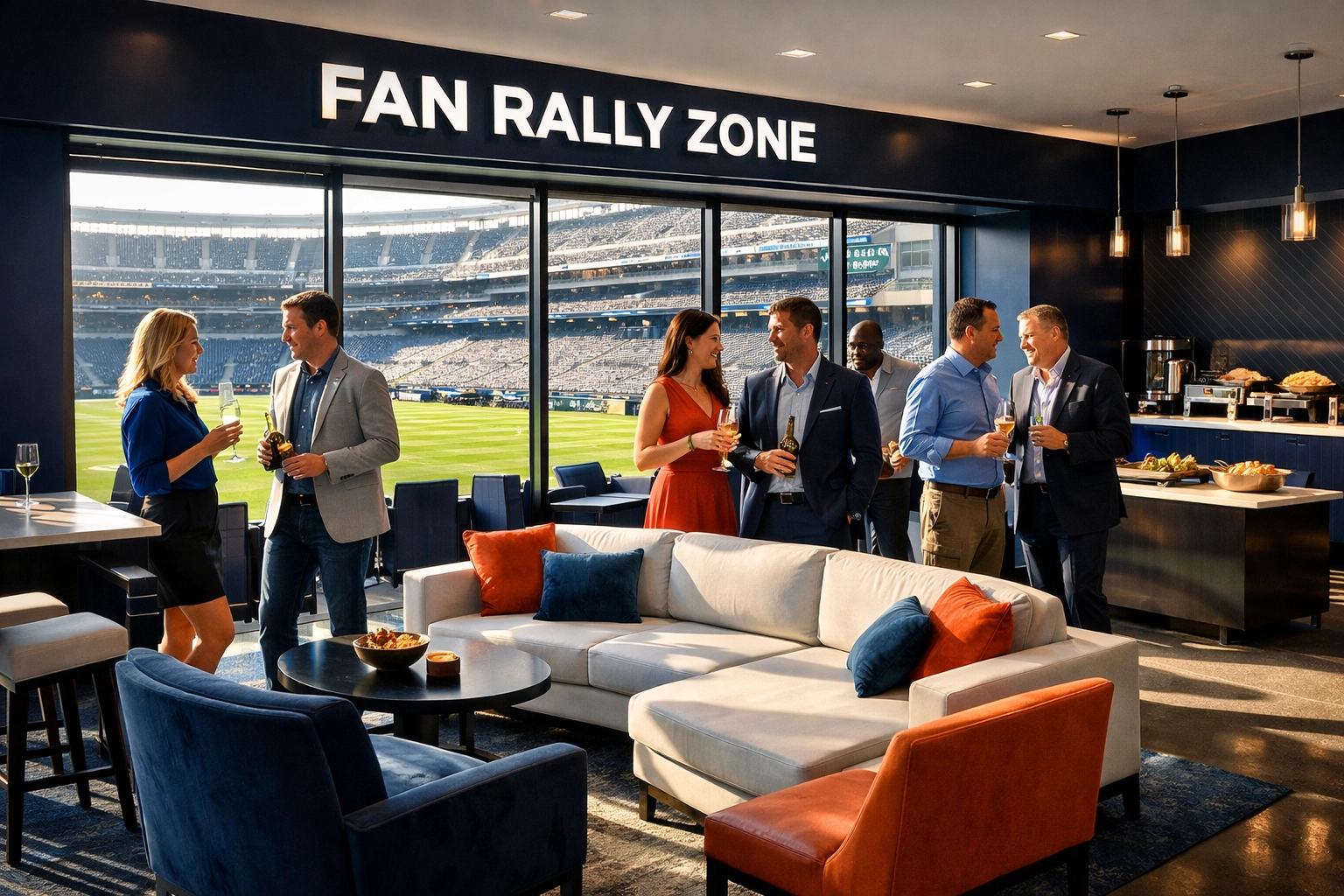 Fans socializing in a modern luxury suite overlooking the field during the Super Bowl 2026 gameday experience.