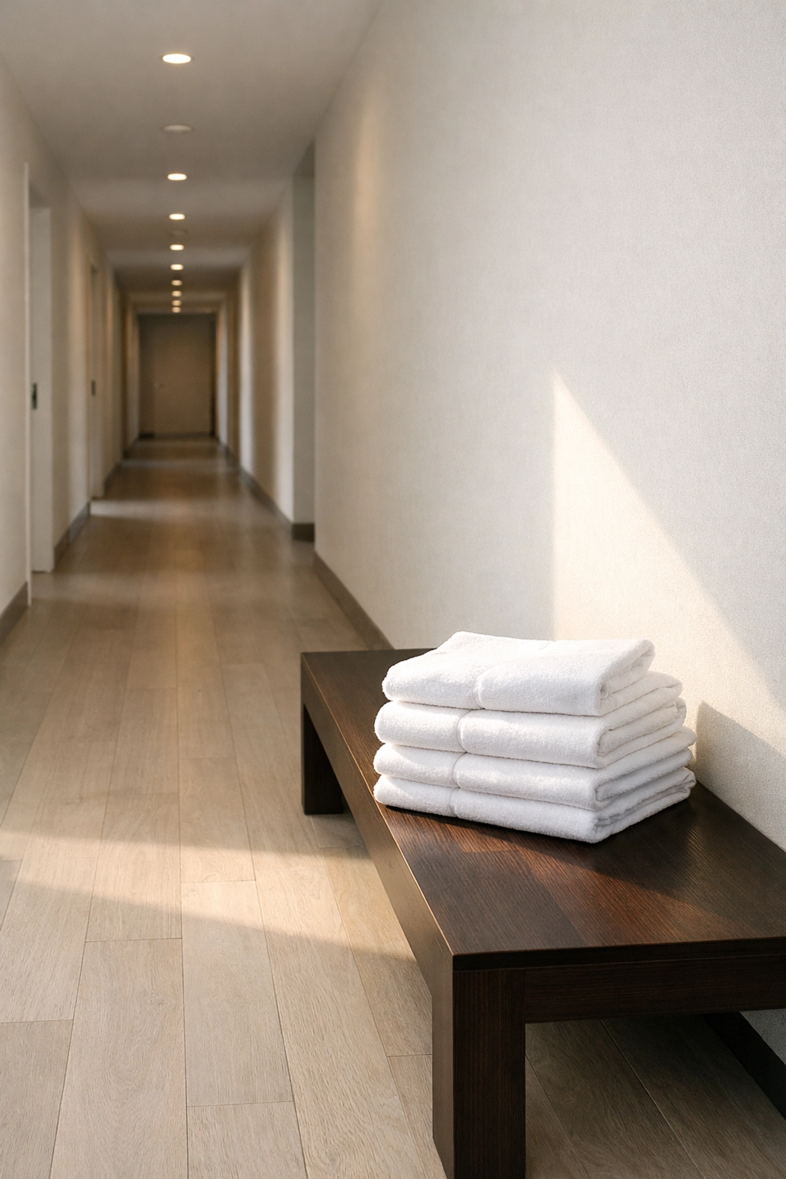 Sunlit hotel corridor with fresh linens, representing operational excellence and automated efficiency.