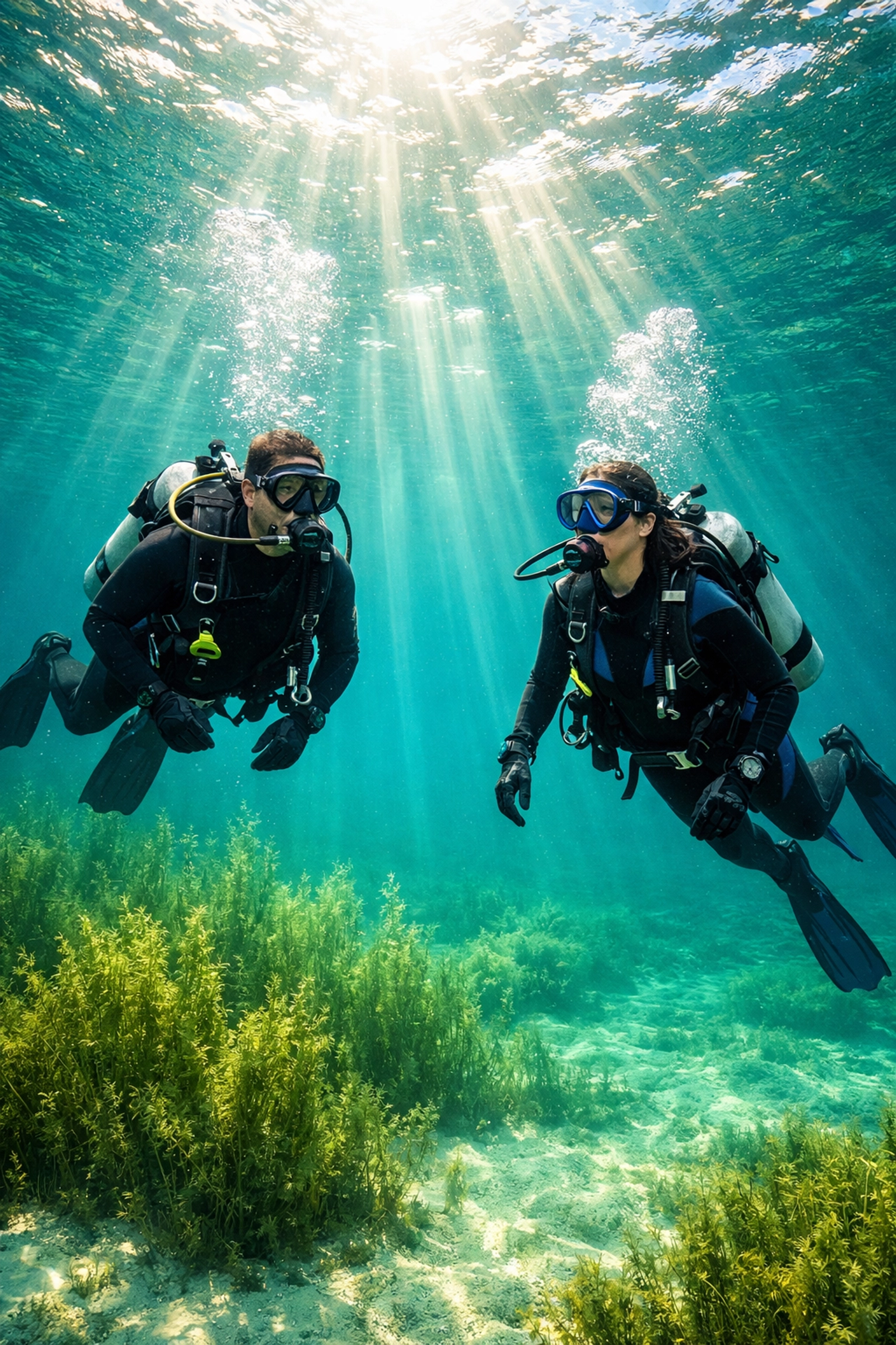 Zwei Taucher schweben im klaren Wasser der Goitzsche bei einem Fortgeschrittenen-Tauchkurs.