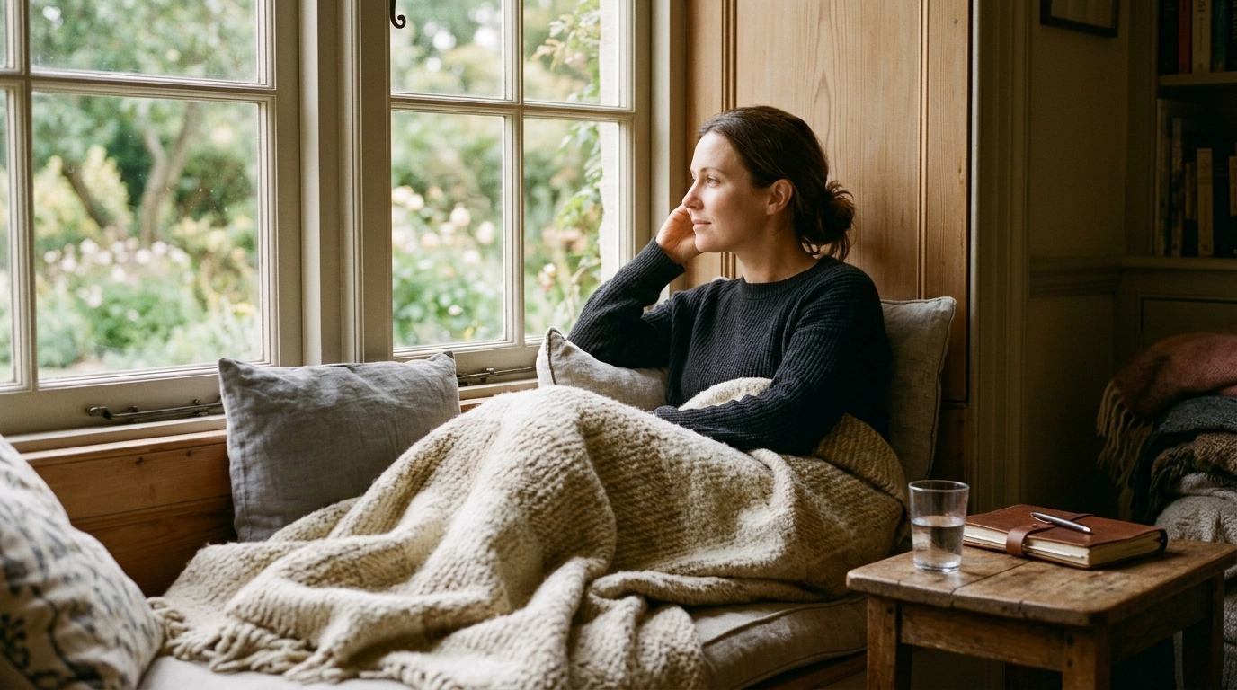 A woman reflecting in a cozy window nook