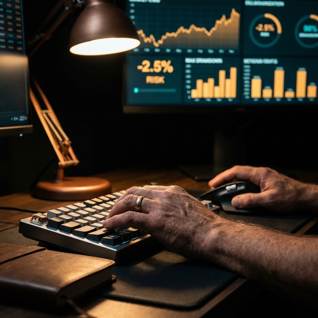 Trader's hands at keyboard with risk management dashboards on screens, emphasizing discipline in prop firm evaluations