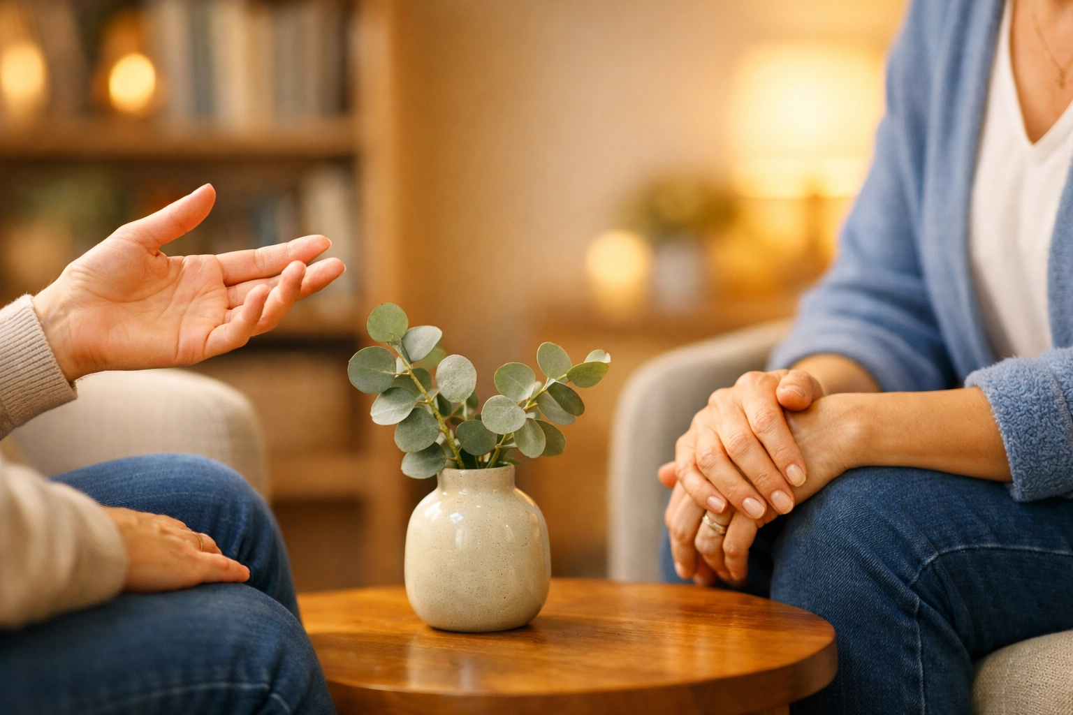 Two people connecting in a warm, safe space for an evidence based therapy consultation.