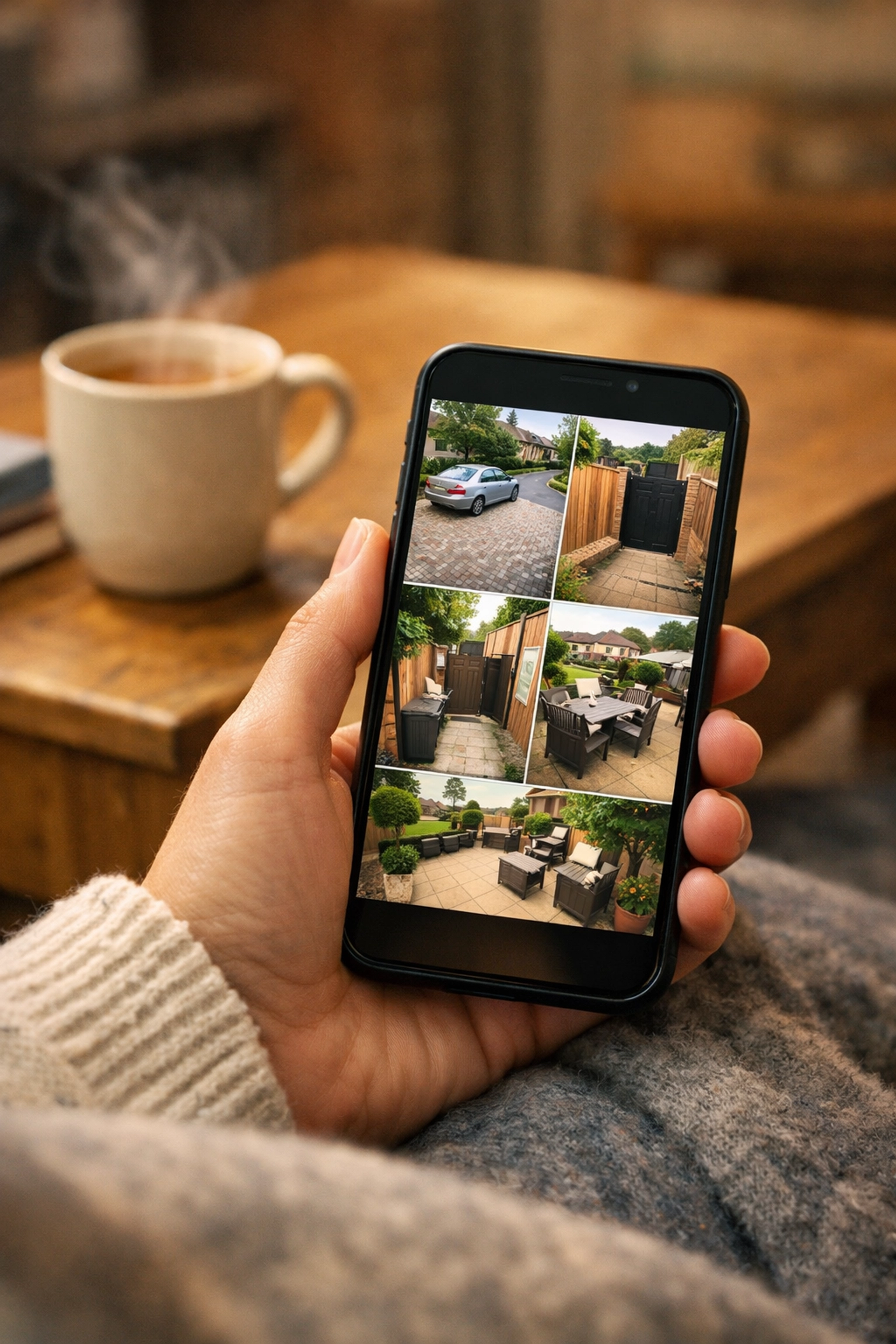 Remote monitoring of home security systems on a smartphone in a British home.
