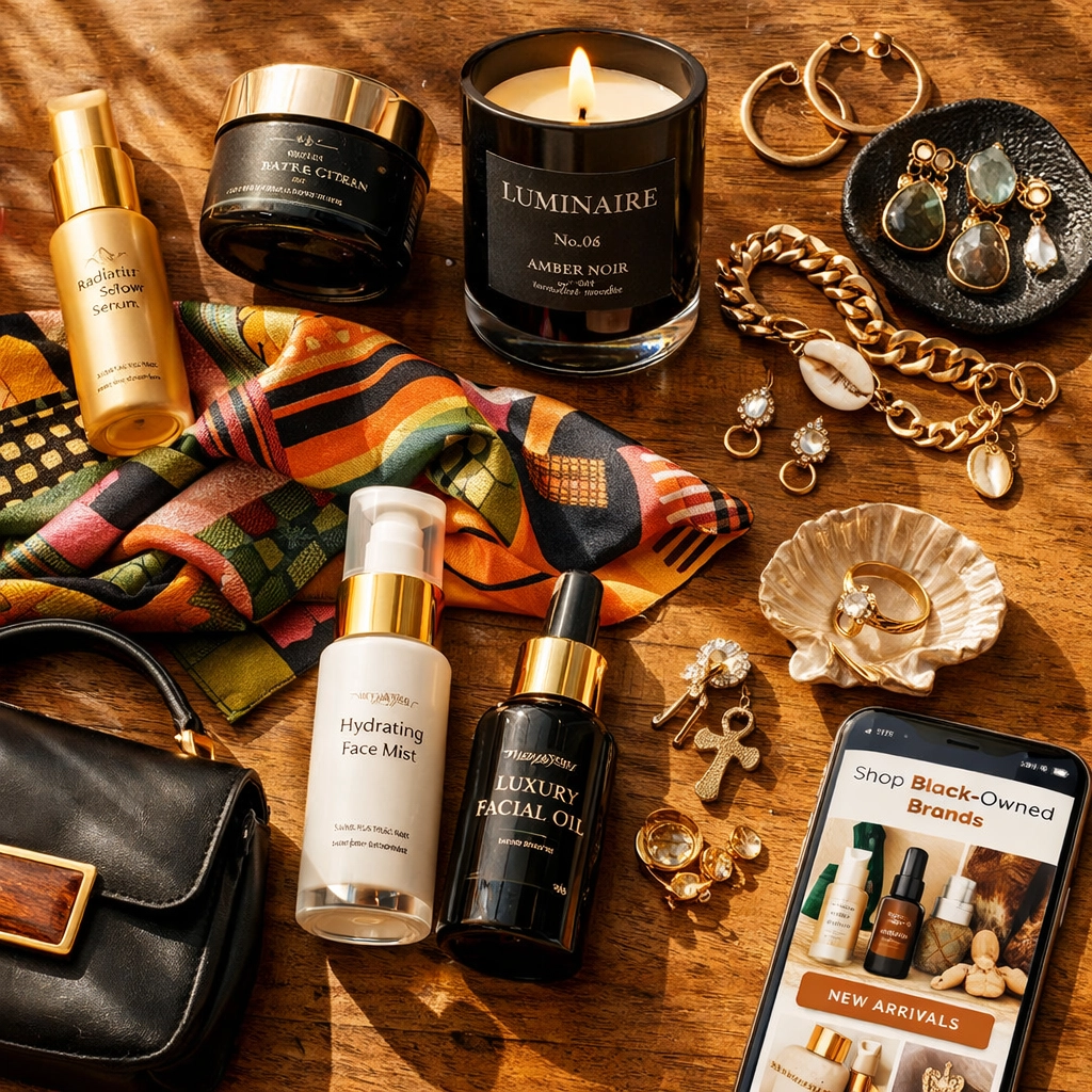 The Beginner's Guide to Shopping Black-Owned Brands: Everything You Need to Succeed Curated Black-owned brand products including candles, skincare, and accessories on wooden table