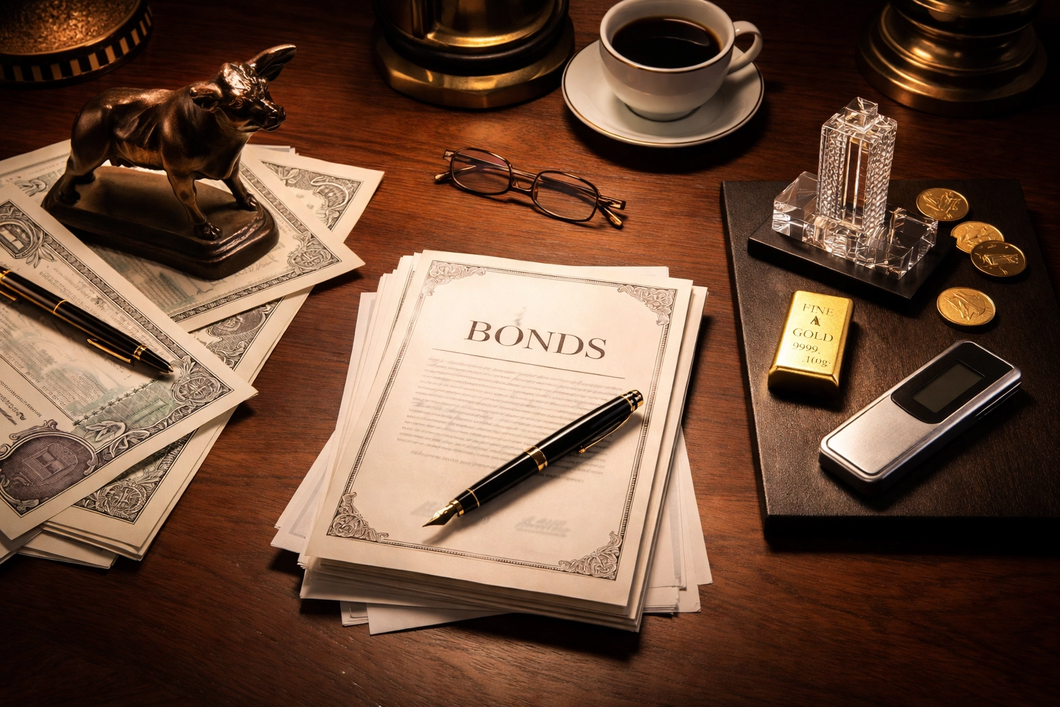 Investor's desk with stocks, bonds, and alternative assets representing asset diversification in the 40/30/30 portfolio.