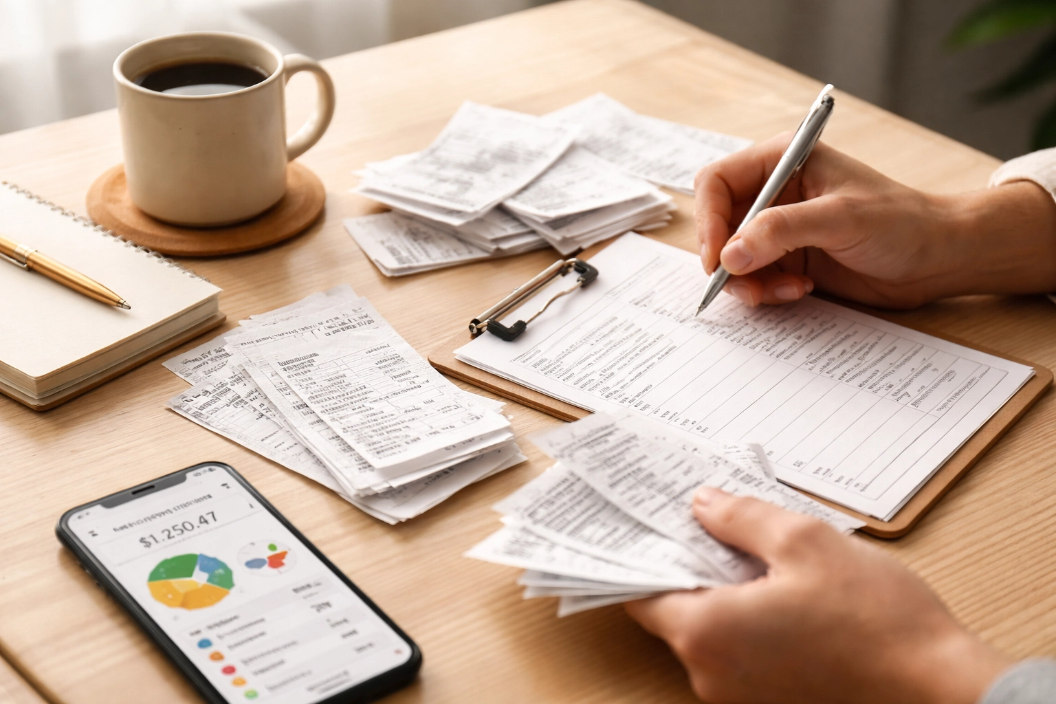Close-up of hands sorting receipts and expenses, illustrating essential tax record-keeping