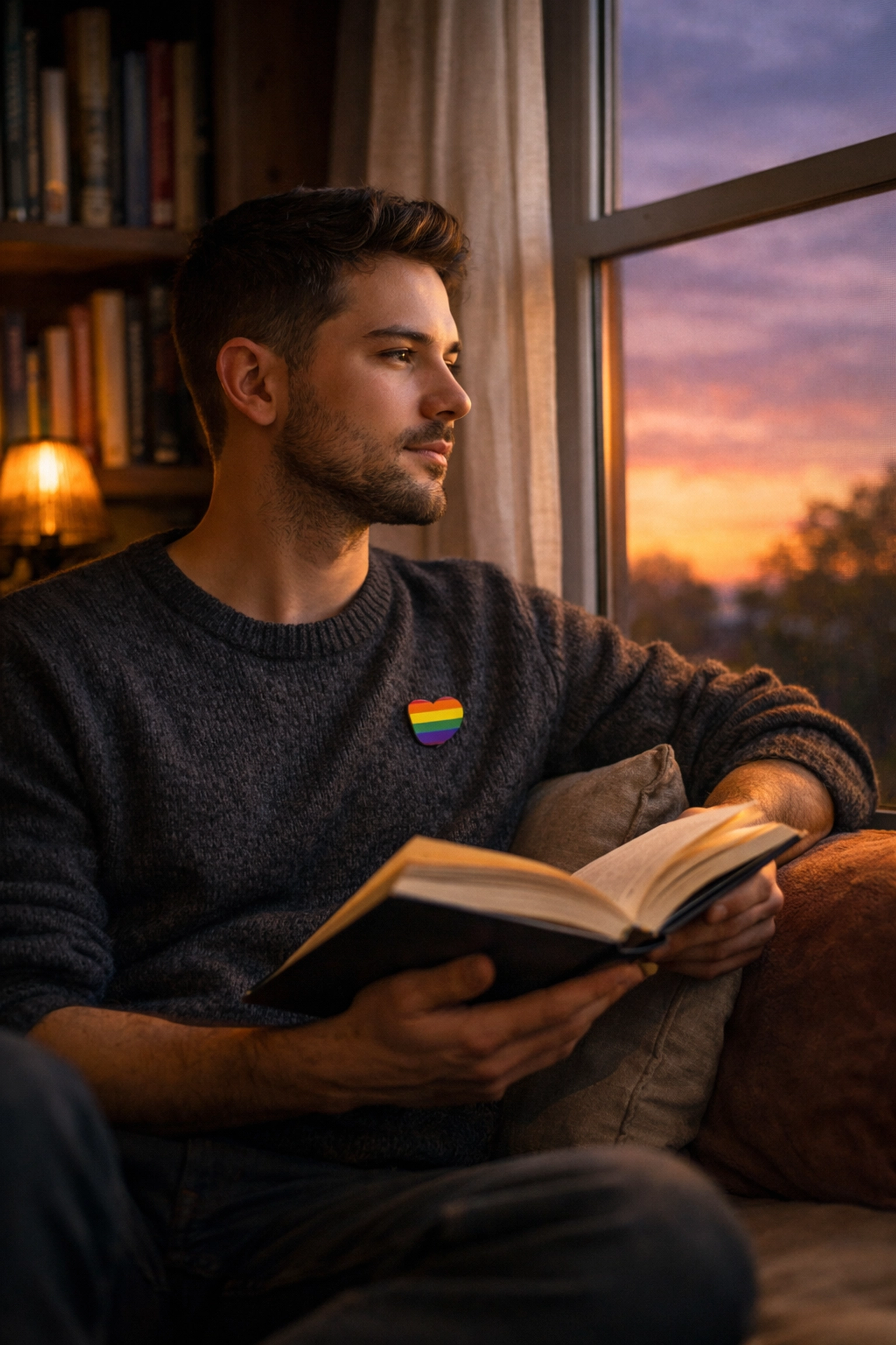 Gay man reading LGBTQ+ book in peaceful reflection wearing pride pin by window